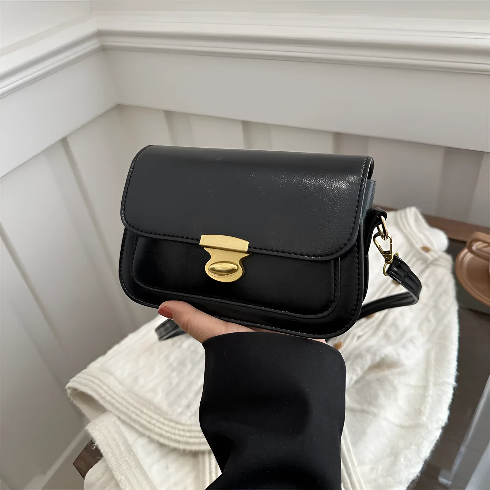 Retro square PU handbag in soft textured leather showing horizontal orientation and neutral colour options