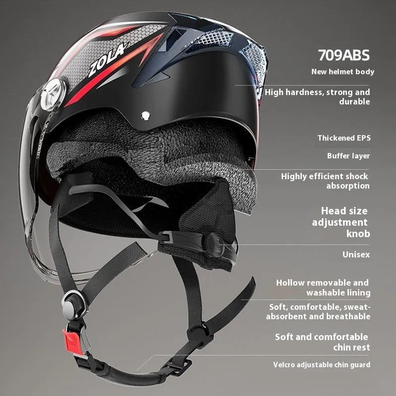 Child's light brown half helmet with double mirrored visor for battery scooter riding.