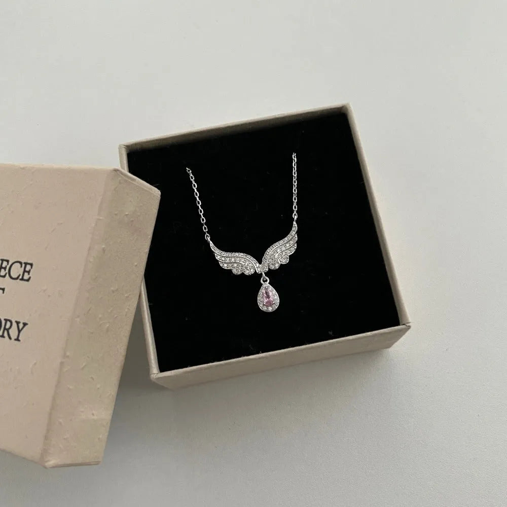 925 silver platinum electroplated pendant necklace with wing water drop shape and clear zircon stone