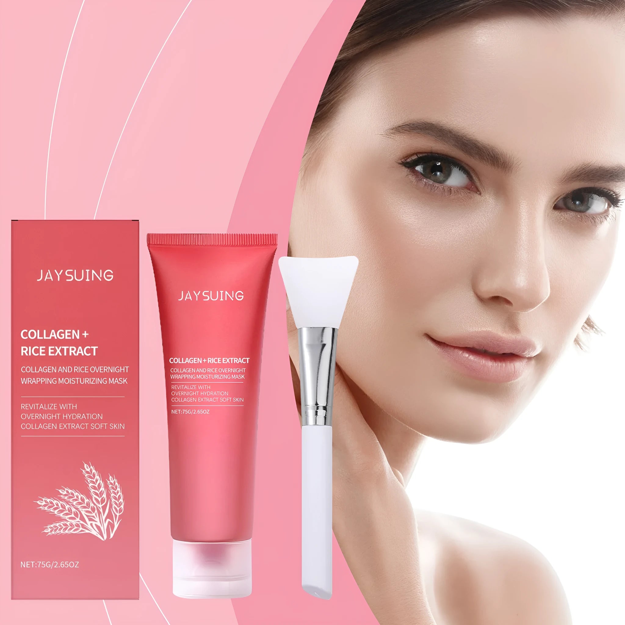 Glowing Skin Rejuvenation Mask with collagen and rice extract, includes application brush