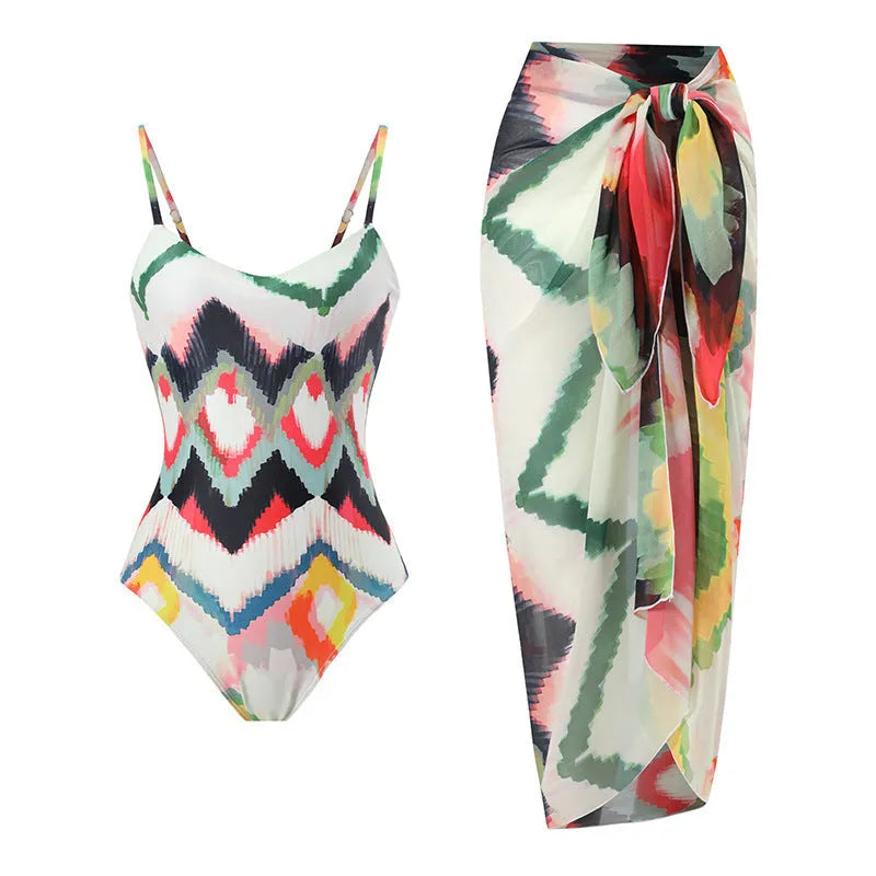 Women's two-piece swimsuit set with striped pattern and coordinating hip skirt on beach background