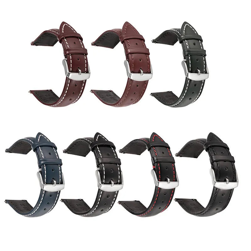 Quick release cowhide leather watch strap shown in black with red cord accents and a 22mm width.