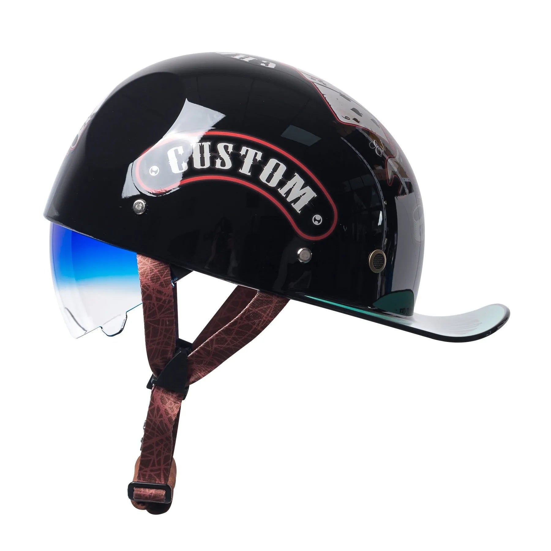 Retro-style half helmet for men in bright black gradient with blue lens, shown on a solid background.