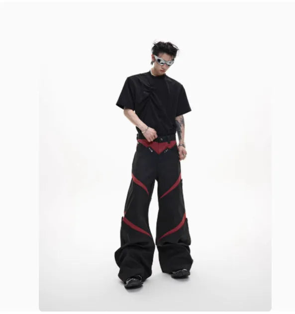 Heavy industry deconstruction overalls with contrast stitching and metal rivets, straight-leg high-waist trousers available in black or grey