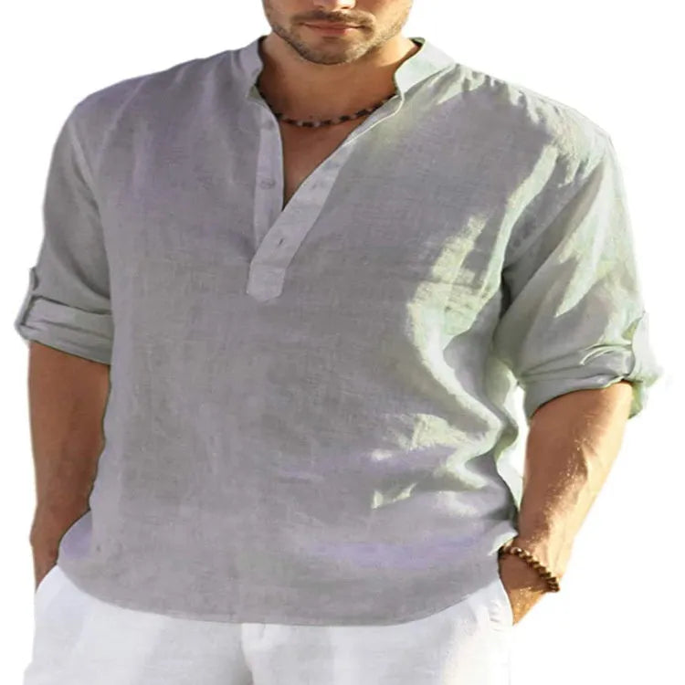 Men's casual long sleeve shirt in a cotton linen blend with a stand collar, shown in a solid colour.