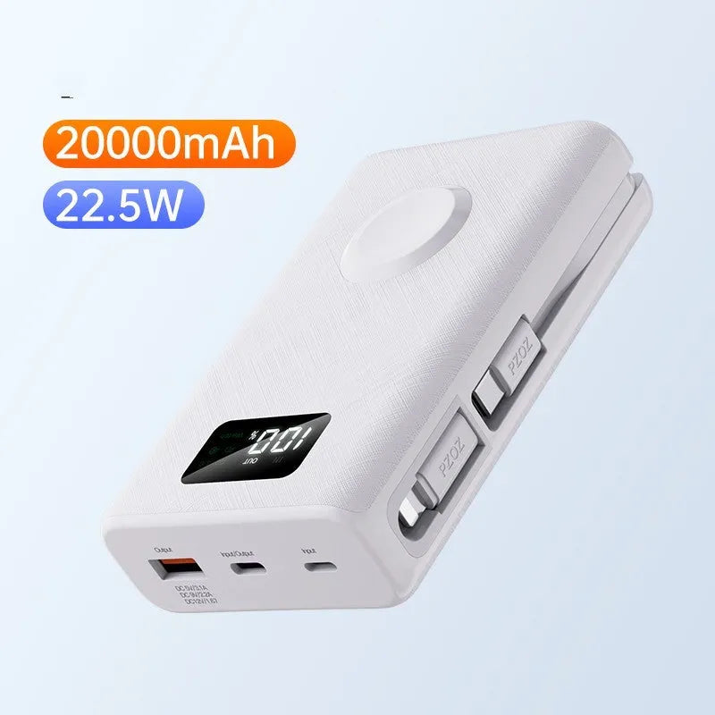 Black and white 20000mAh wireless power bank showing digital display screen and USB ports