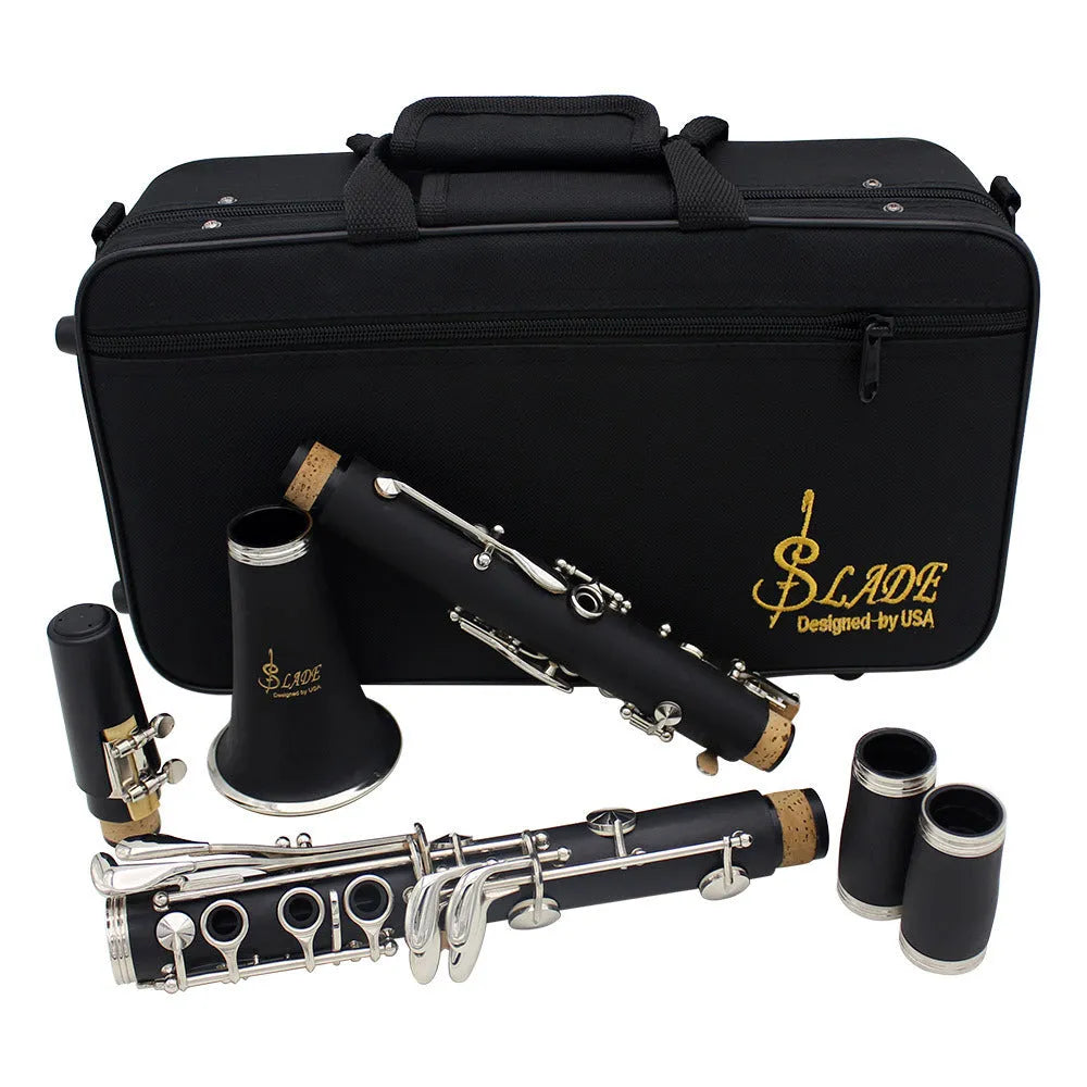 Black bakelite beginner clarinet with silver keys and a carry bag