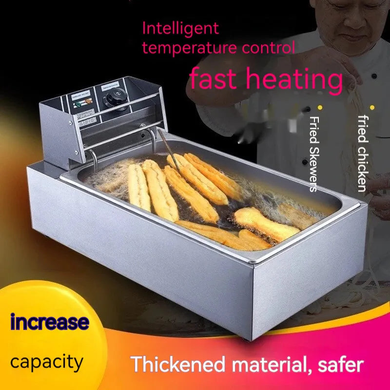 Commercial stainless steel deep frying pan with temperature control, oil tank, and two frying baskets
