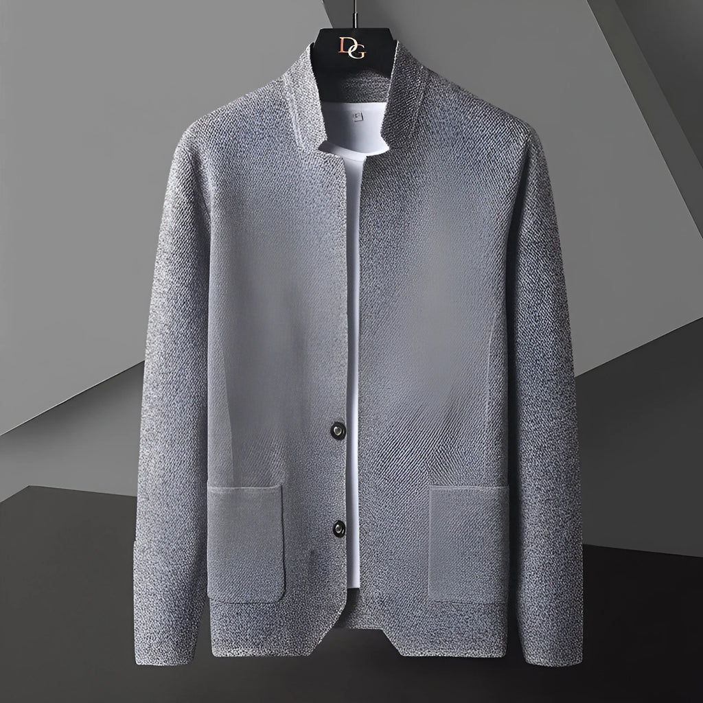Men's pocket stand collar cardigan sweater in black with button front and front pockets
