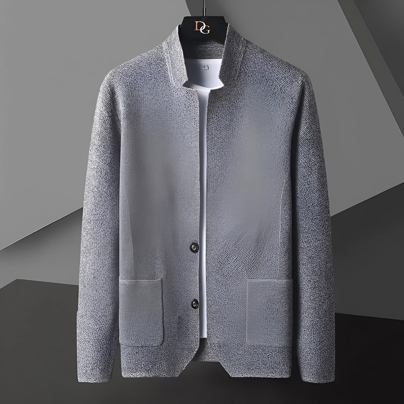 Men's pocket stand collar cardigan sweater in black with button front and front pockets