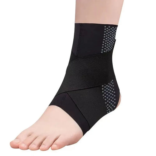 Black lycra cloth ankle support with anti-kick protection shown on adult ankle