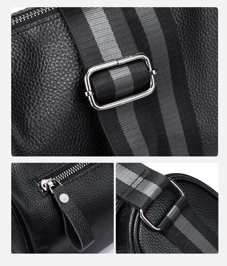 Black genuine leather one-shoulder crossbody bag with adjustable strap