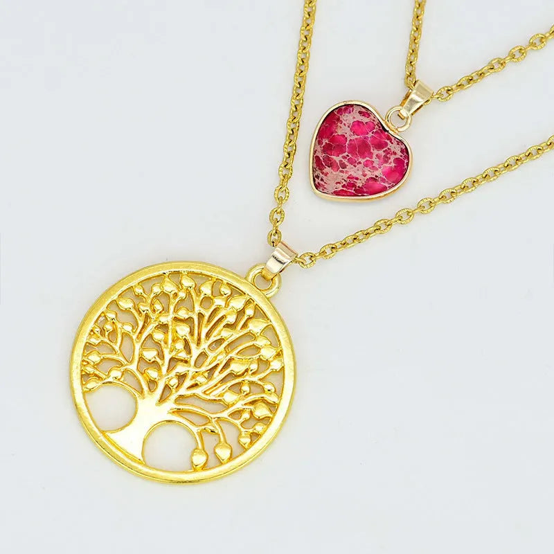 2-layer red heart emperor stone life tree pendant necklace for women