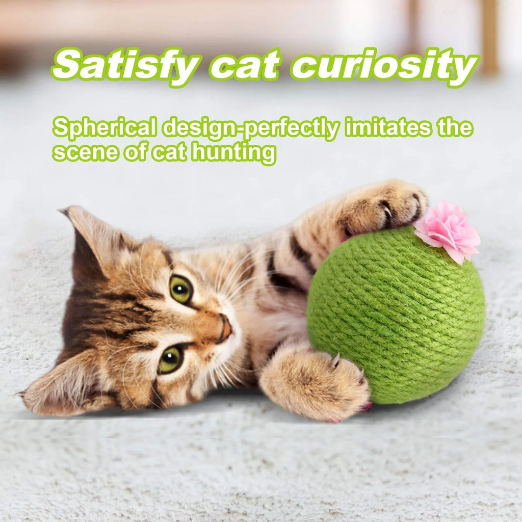 Green cactus-shaped cat scratcher tower with integrated tumbler ball and natural sisal scratching surfaces