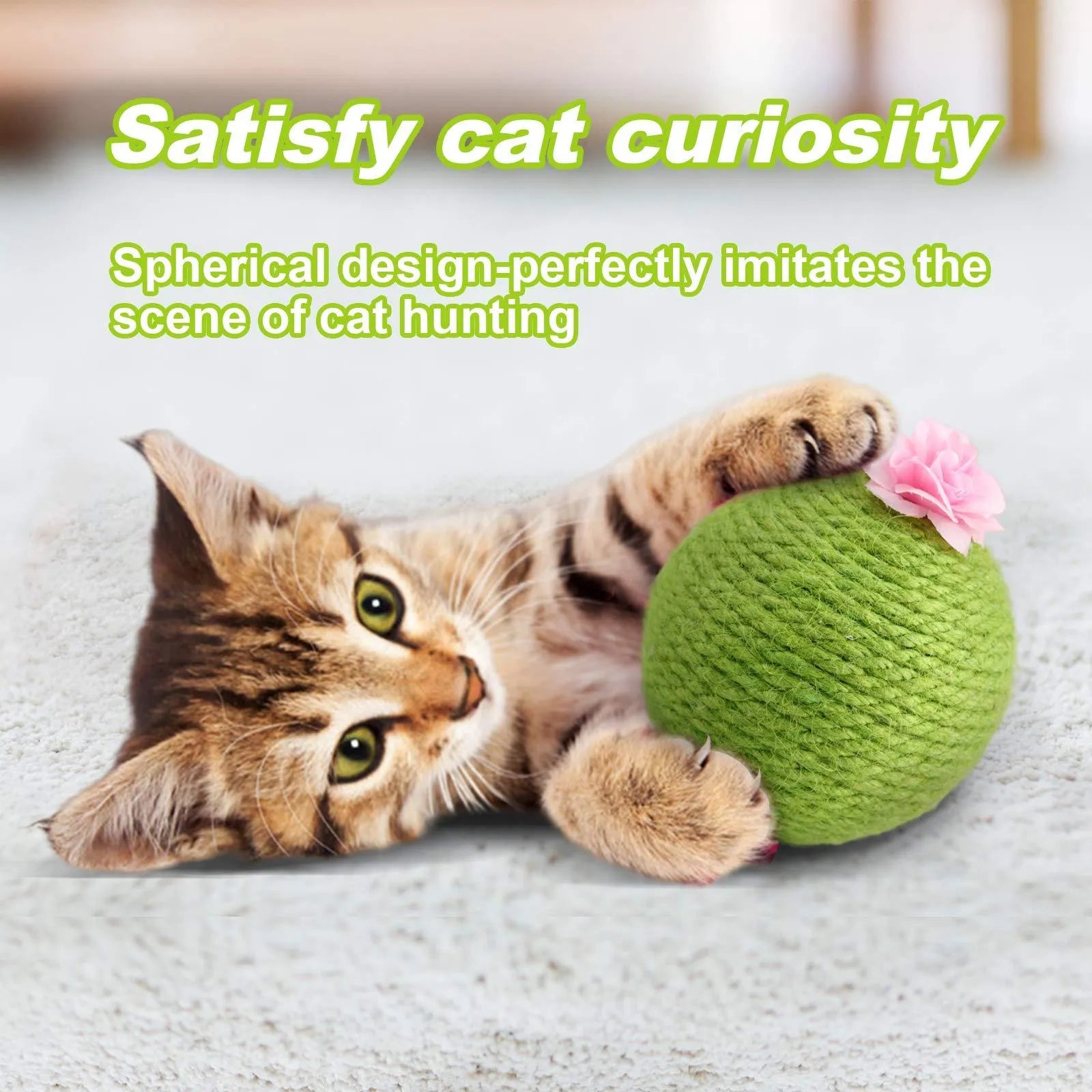Green cactus-shaped cat scratcher tower with integrated tumbler ball and natural sisal scratching surfaces