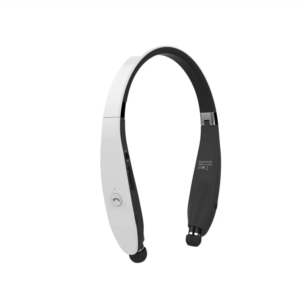 SX991 wireless retractable earbuds in black, neckband Bluetooth 5.0 headset with battery display.