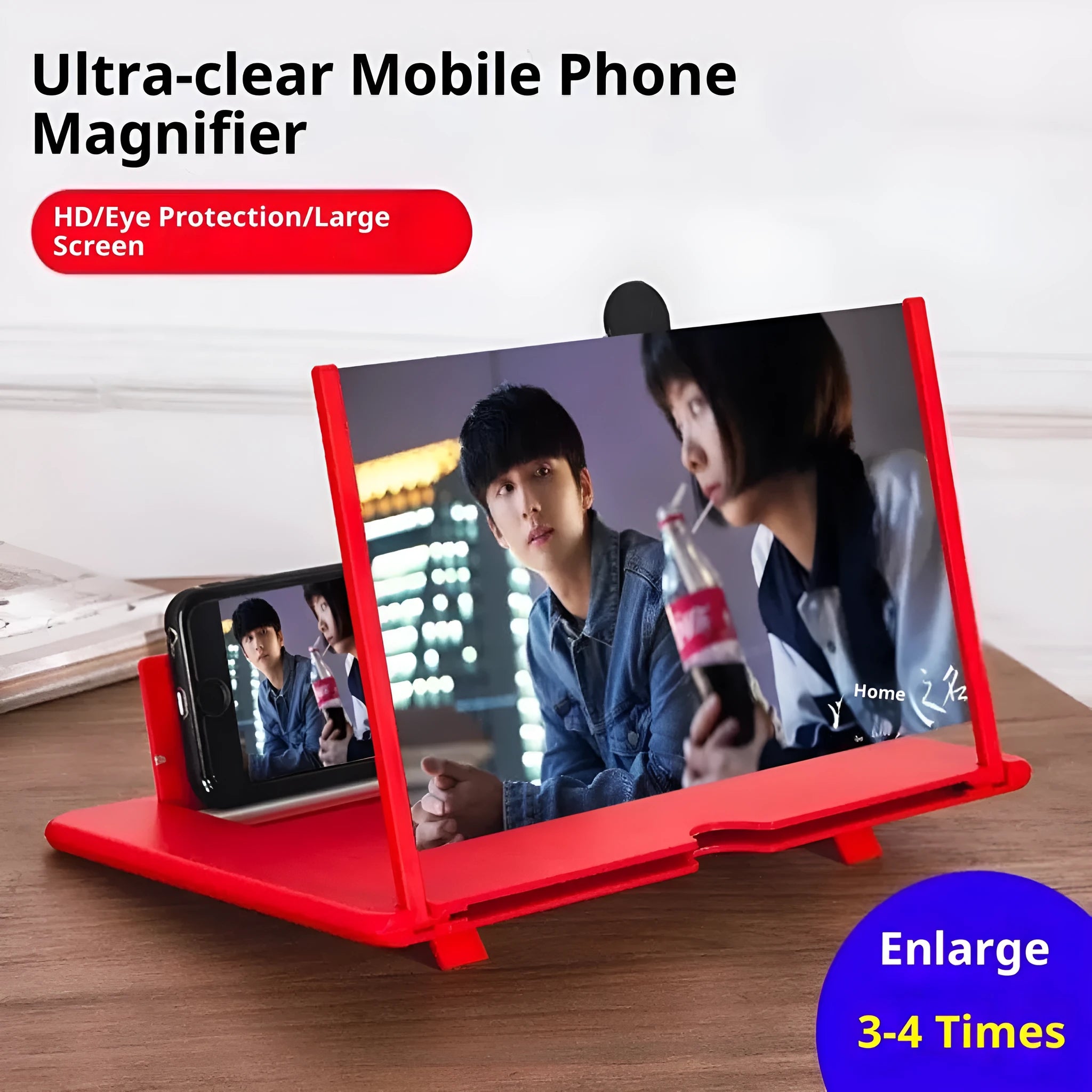 F3 desktop screen amplifier in black with a phone inserted, showing 10 inch magnified display