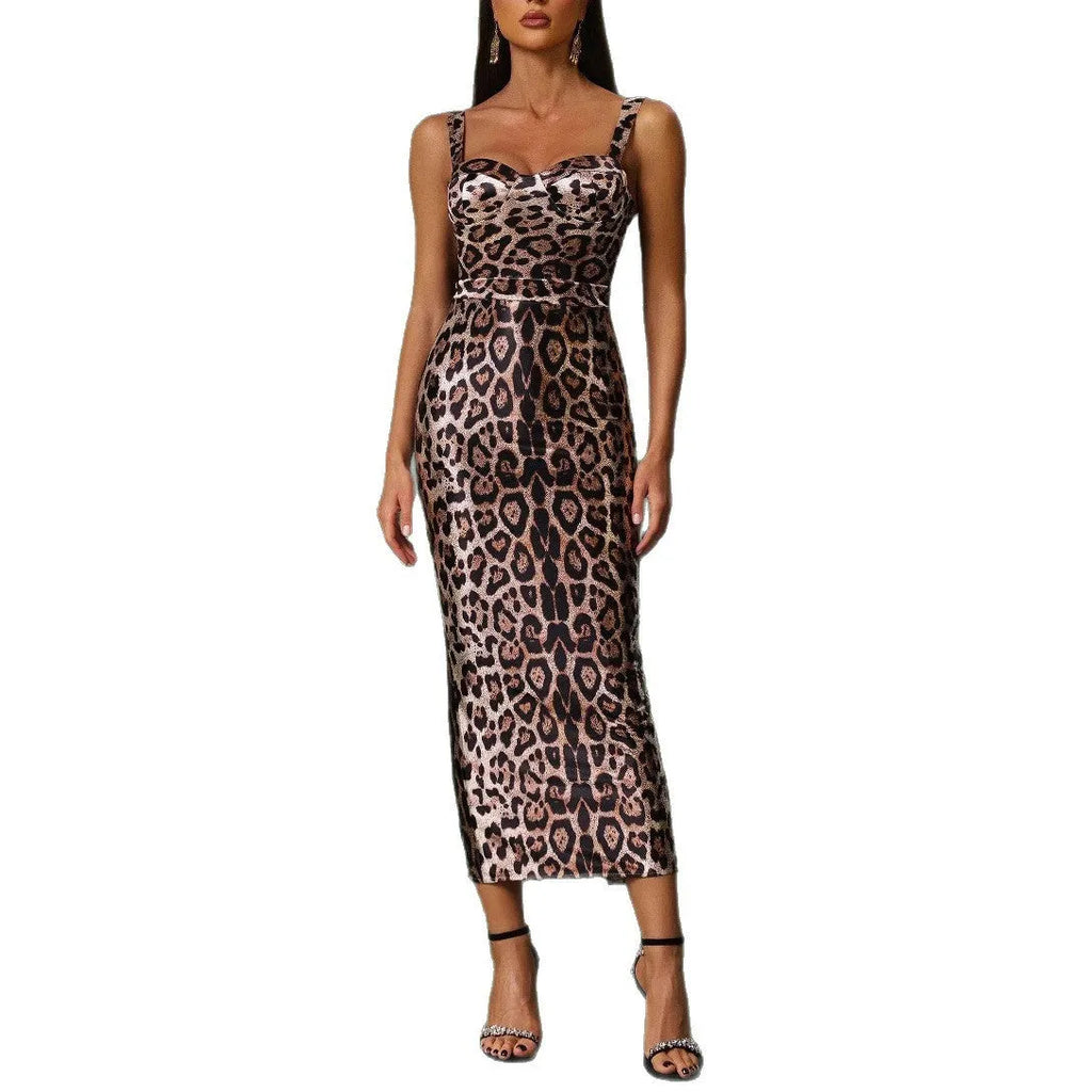 Leopard print sleeveless tube top long dress with strappy sling neckline, one-step skirt, polyester, sizes S M L
