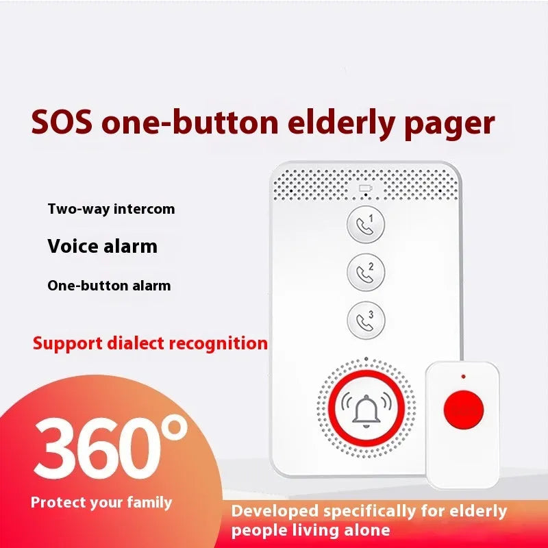 White central buzzer unit and three white emergency call buttons for a one-click elderly alert system.