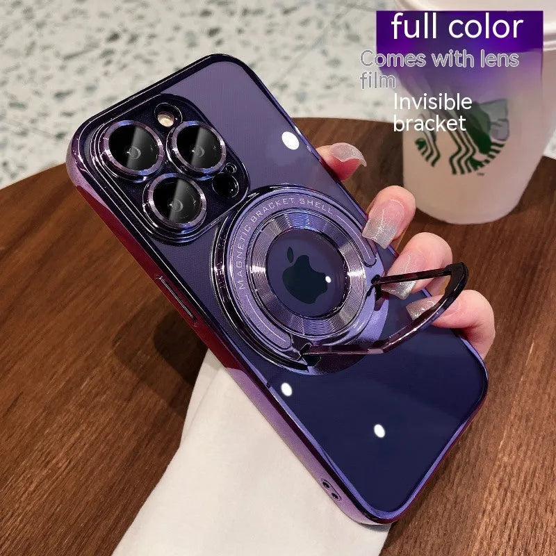 Electroplated magnetic iPhone case with extended pull rod bracket in dark purple colour