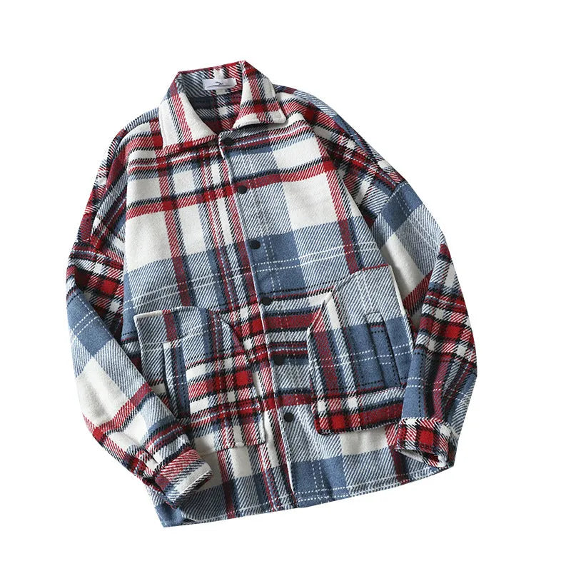 Men's loose plaid polar fleece cardigan shirt in red, sky blue and green, plus size autumn overshirt