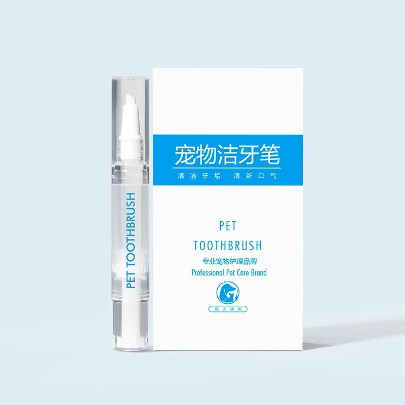Pet toothbrush pen for dogs showing twist-to-dispense tail and brush head for dental cleaning.