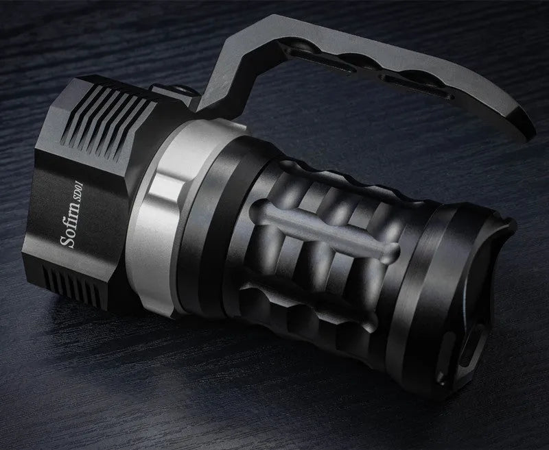 Aluminium alloy diving flashlight with 350 lumen output, shown with optional battery charger.