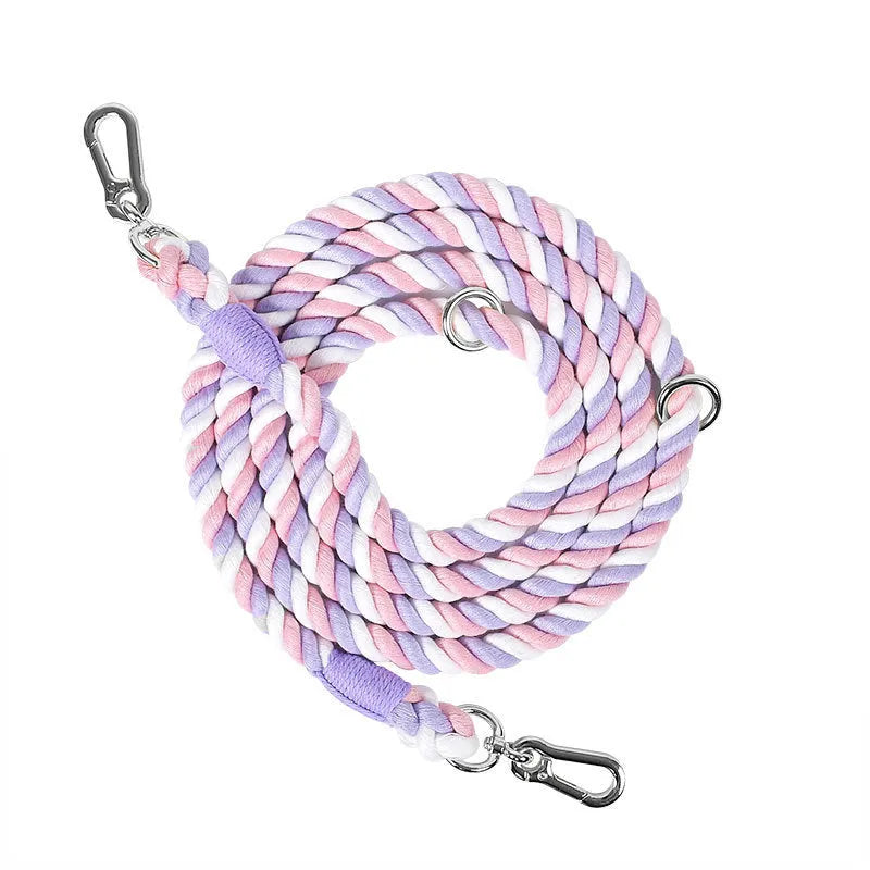 Woven rainbow double-ended dog lead with hand-held rope section in multiple colour options