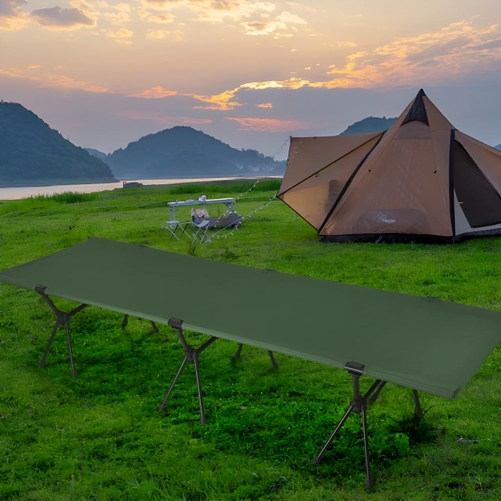 Steel frame portable folding bed in khaki colour with storage bag and components