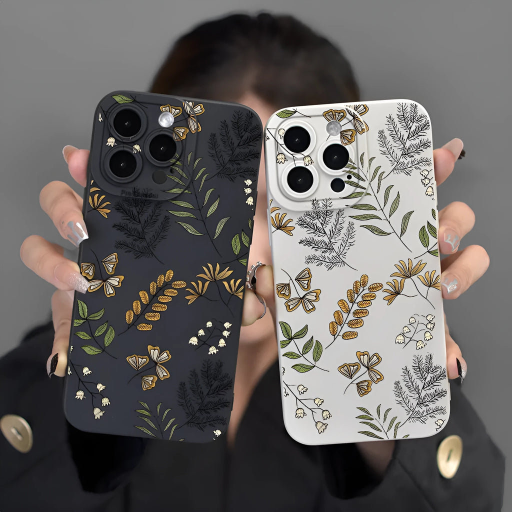 Leaf pattern TPU shockproof phone case for iPhone, black or white, with anti-fingerprint coating