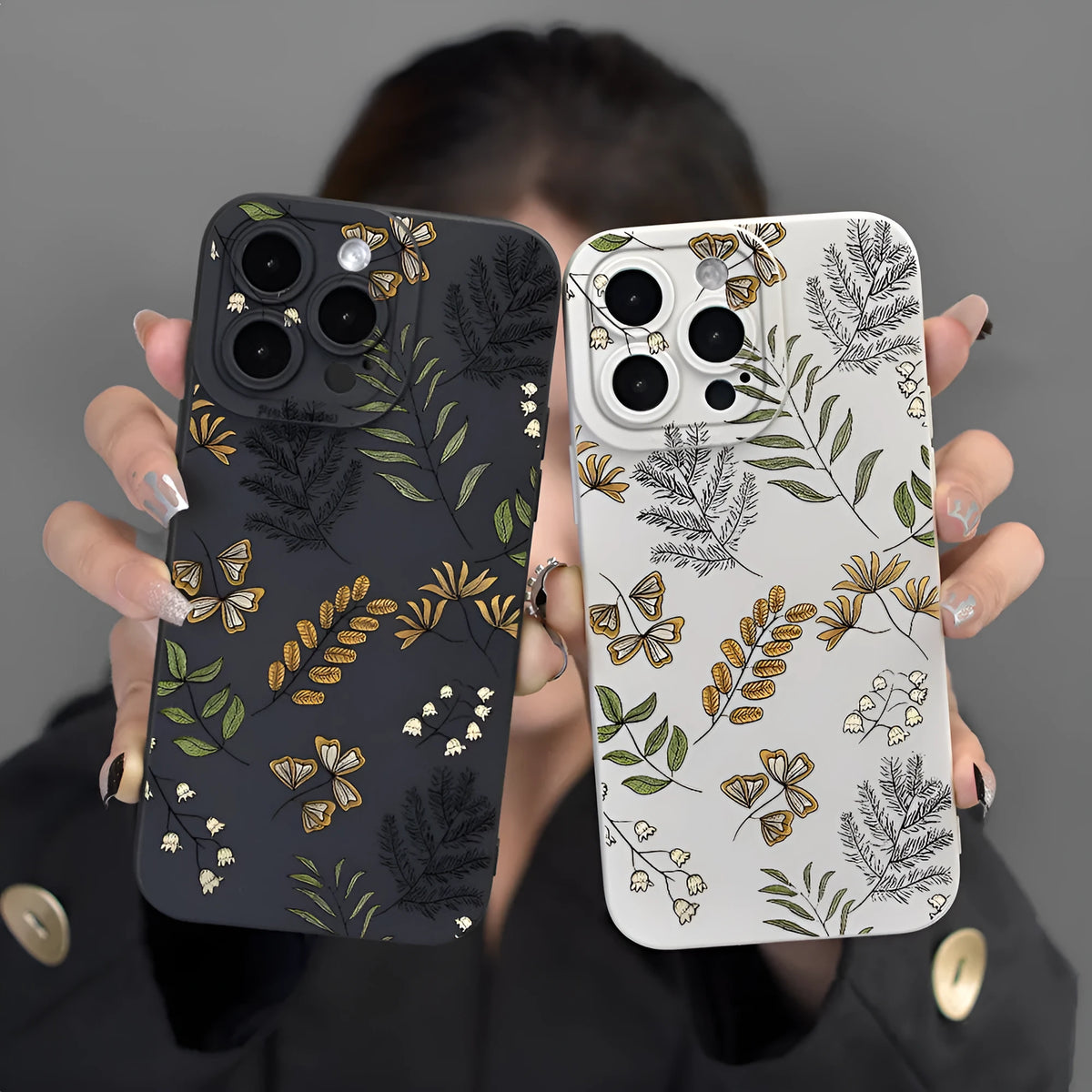 Leaf pattern TPU shockproof phone case for iPhone, black or white, with anti-fingerprint coating