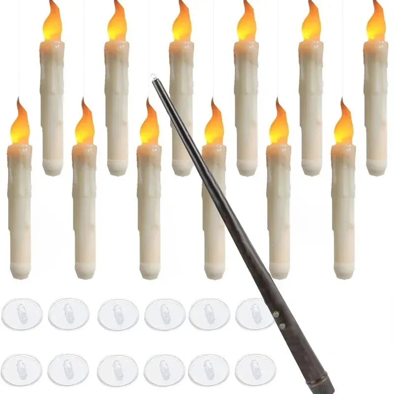 12 white floating LED candles with magic wand remote control and fishing line for hanging Christmas Halloween party decor