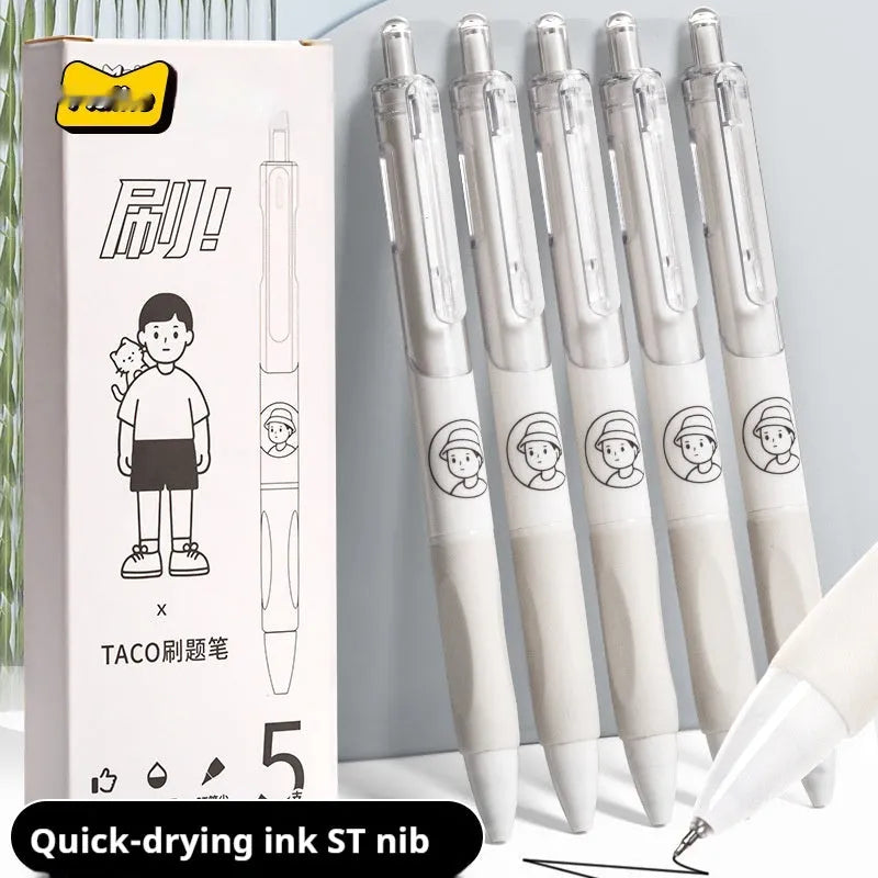 Set of five black and white ballpoint pens with 0.5mm fine tips laid side by side.