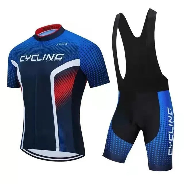 Cycling jersey and shorts set for summer road and mountain bike riding with moisture wicking properties