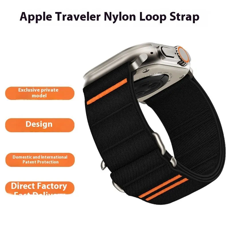 Elastic nylon Apple Watch replacement strap with stainless steel buckle shown in Army Green colour.