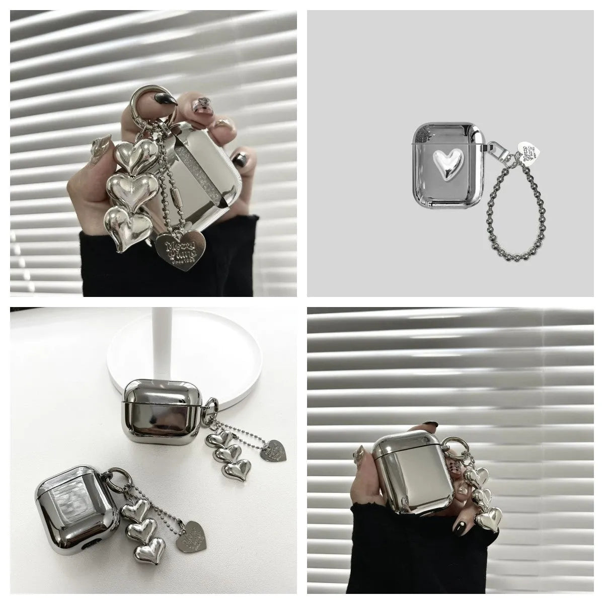 Electroplated solid colour iPhone headphone case with heart pendant attachment on a soft TPU shell.