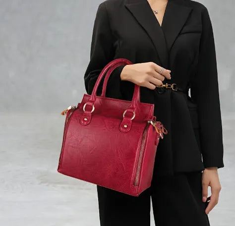 Large capacity genuine leather handbag with horizontal square shape, single shoulder strap, light brown or red