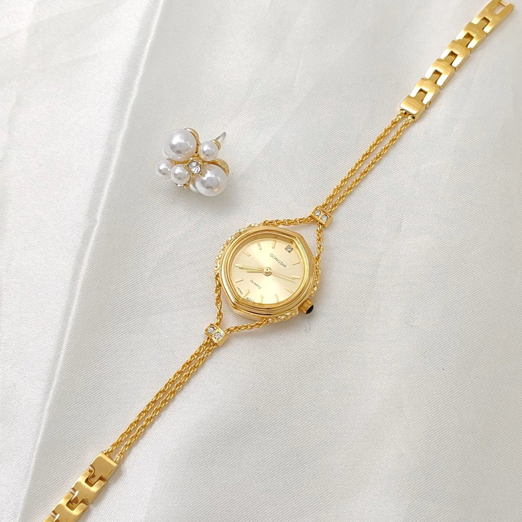Women's quartz watch with 25mm dial, mineral glass mirror and chain strap in gold or silver finish