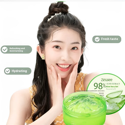 Jar of aloe vera gel for acne control and hydration with a small application spoon on a white background