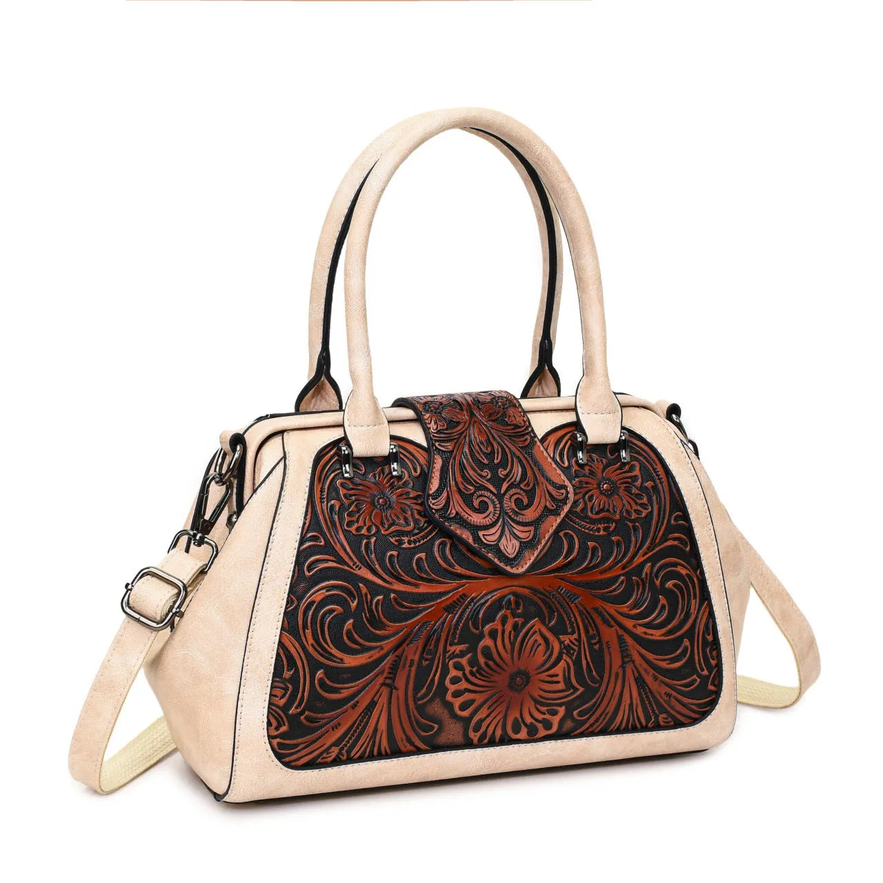 Handmade carved one-shoulder women's PU leather bag in beige with retro embossed pattern and pillow shape