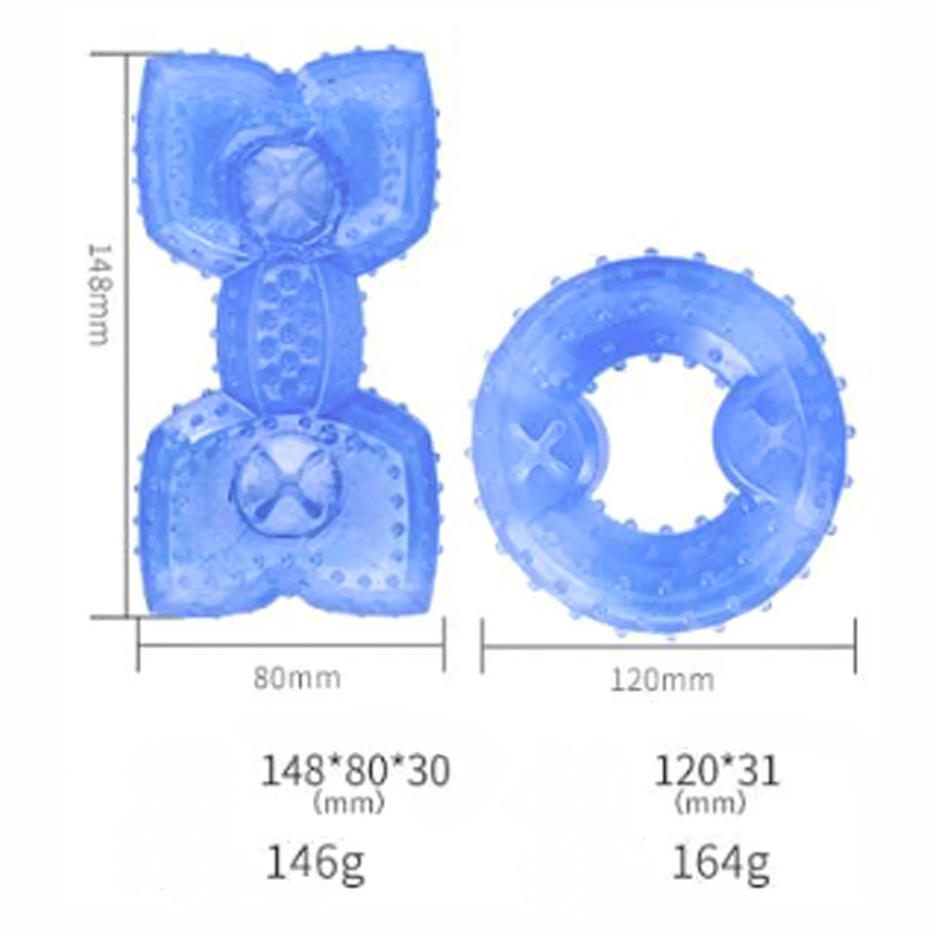 Freezable non-toxic dog cooling chew toy in bone and circle shapes.