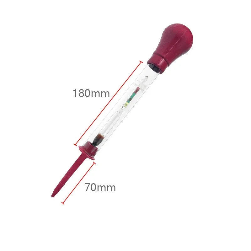 Electrohydraulic hydrometer for automobile battery testing with glass construction and suction bulb
