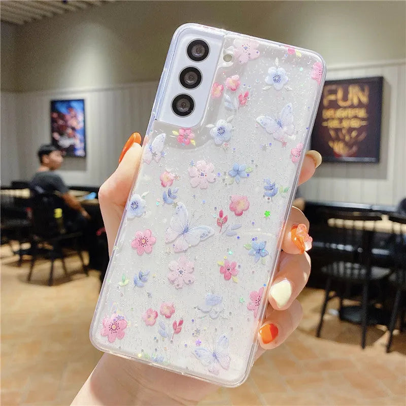 Fashion minimalist floral TPU phone case with drip rubber detailing in multiple colours for Samsung models