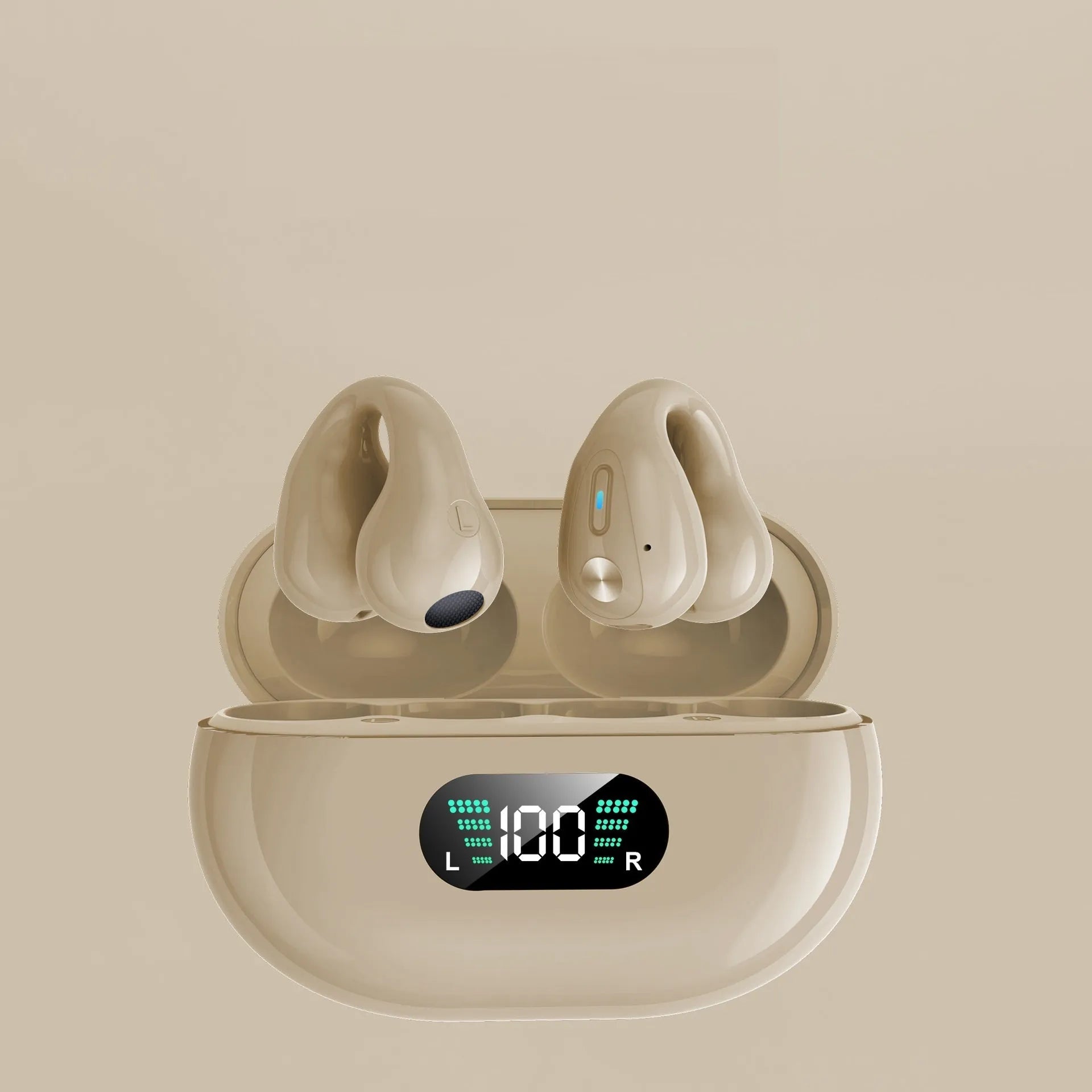 Bone conduction Bluetooth headset clip in ear clip design showing black, white, and khaki colour options