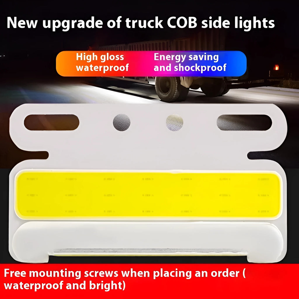 Aluminium COB LED truck side light with waterproof seal, shown illuminating ground next to vehicle tyre.