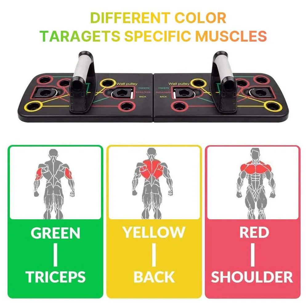 Multifunctional folding push-up board 67x19x1.5cm with pull rope bracket and two armrests