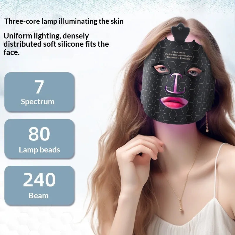 Wireless portable LED silicone face mask device with 7-colour crown lighting, 500mAh battery, in Black, Green or Brown