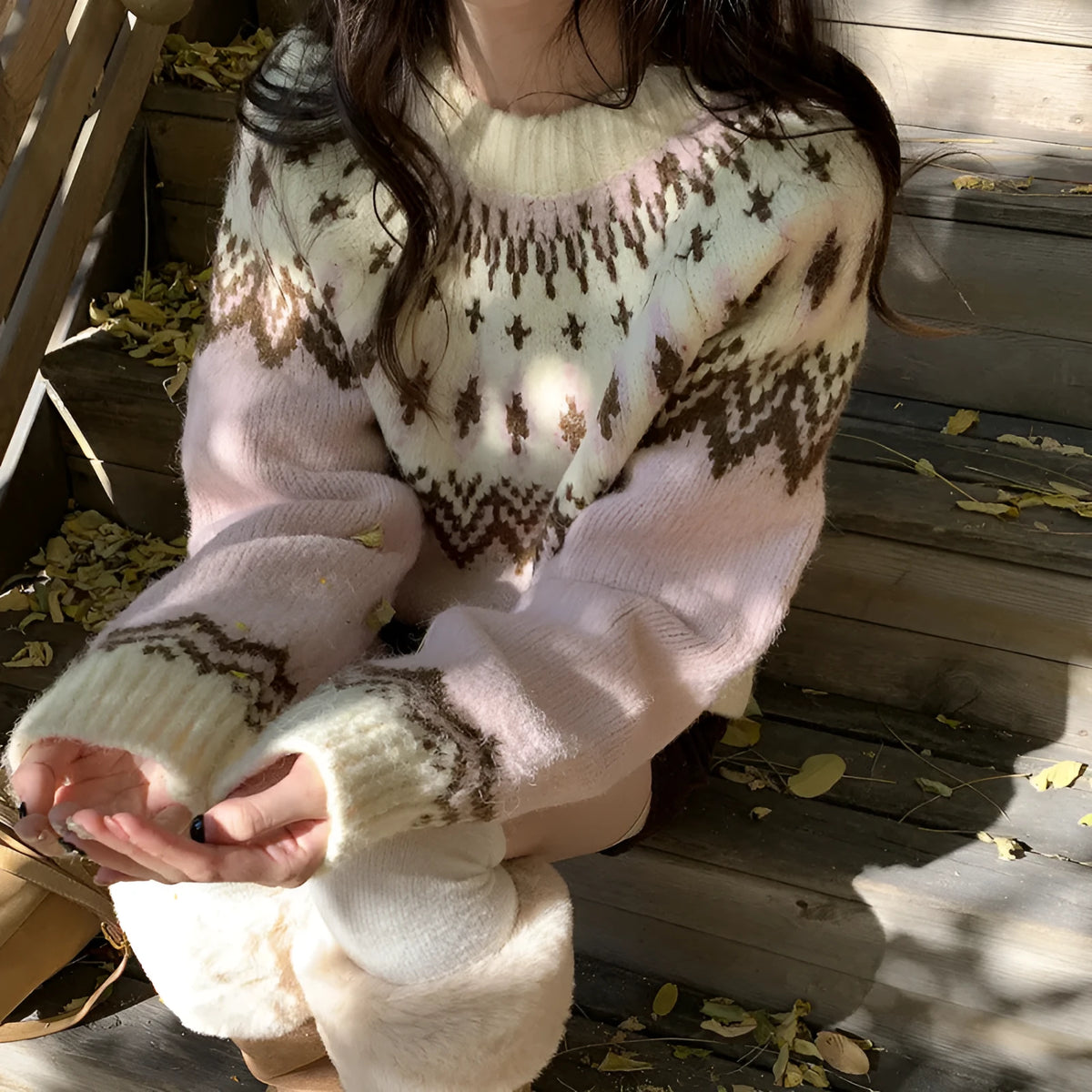 Women's geometric pattern contrast colour pullover sweater in pink, loose fit thick knit