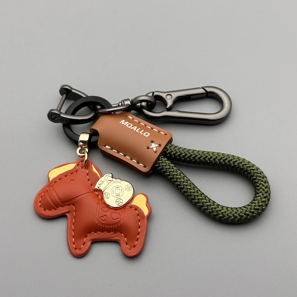 Handmade zinc alloy pony belt buckle keychain pendant on a flanelle rope loop.