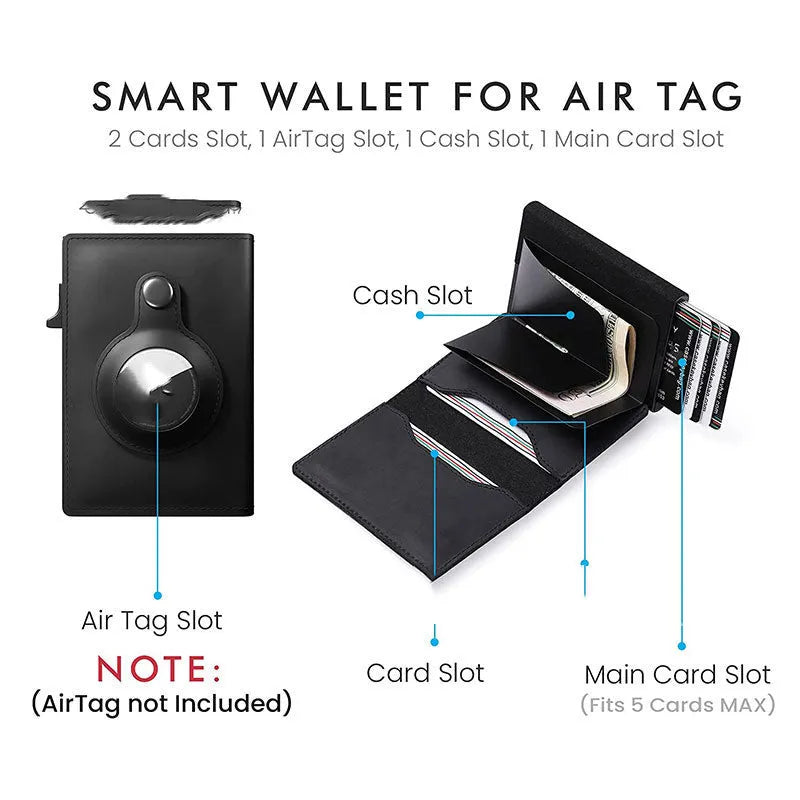 Genuine leather Crazy Horse card holder wallet with multiple card slots and air tag compartment in brown finish